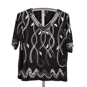 Lauren Michelle Women's Embellished Knit Top XL Artsy Abstract Metallic Applique
